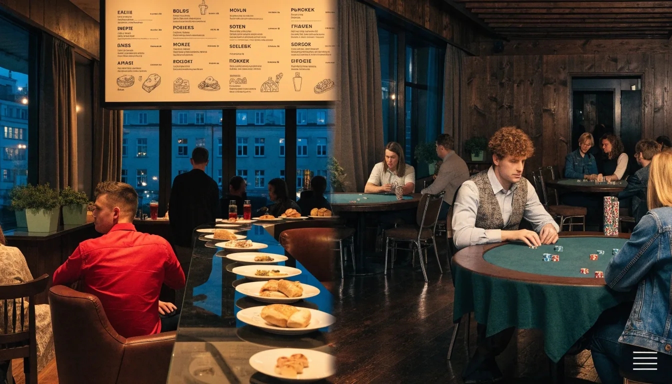 Ściana z nałożonymi warstwami plakatów w chłodnym świetle zmierzchu na starej ulicy Gdańska